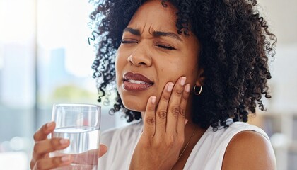 Portrait of young business woman with toothache holding glass of water, showing facial expression of pain and sensitivity to cold in bright offivce indoor setting. 1
