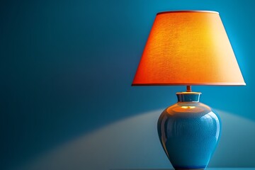 Illuminated table lamp with orange shade on blue background