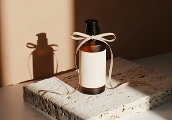 Minimalist amber glass bottle with white label and ribbon on textured stone pedestal, casting a long shadow