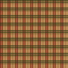 Plaid seamless pattern in brown, red, and green Christmas tones with classic tartan style for wrapping paper, fabric design, winter decoration, and festive background.