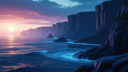 Coastal Sunset Serenity - Cliffs, Ocean, and Glowing Waters.