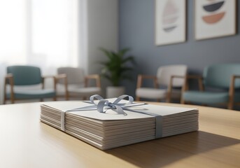 A Stack of Documents Tied with a Ribbon in a Waiting Room
