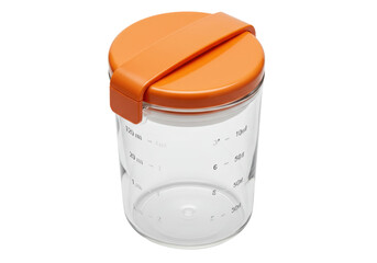 Isolated clear measuring jar with orange lid for food preparation, healthy cooking at home