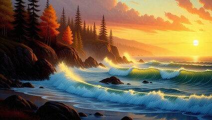 Coastal Sunset Serenity - Waves Crashing on Rocky Shoreline at Dusk.