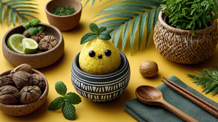Creative presentation of yellow rice ball with nuts and fresh herbs on vibrant yellow background
