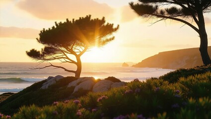 Coastal Sunset - Silhouette of Trees Against a Golden Sky.