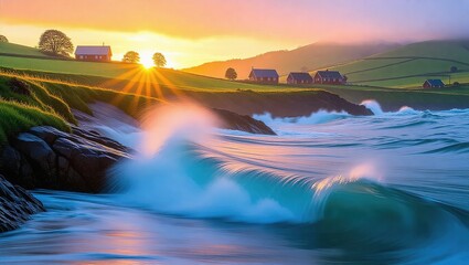 Coastal Sunset - Waves Crashing on Rocky Shoreline.