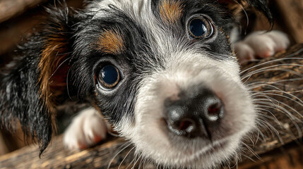 Adorable wet puppy looking curiously with big eyes, cute dog, pet theme