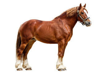 Isolated draft horse with bridle stands, a majestic animal in full frame on neutral backdrop