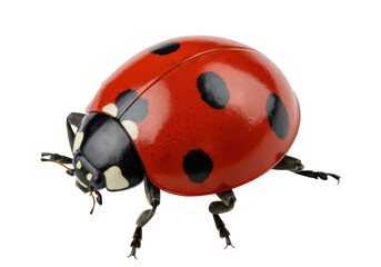 Isolated ladybug close-up, ladybird beetle on display with detail of red shell, insect
