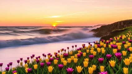 Colorful Tulip Field on the Coast at Sunset.