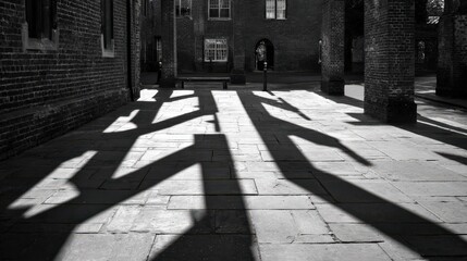 Artistic black and white shadows creating patterns on pavement