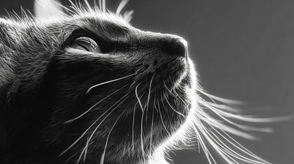 Cat Gazes Upward in Black and White. Close-up shows detail, focus, and curiosity. Ideal for editorial, blog, or marketing use.