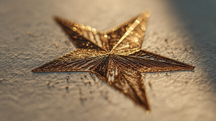 Gold star sparkles on white paper. Use for holiday marketing, Christmas design, New Years concepts, promotion, web design.