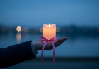 A person's hand gently holds a single luminous candle with a pink awareness ribbon, symbolizing hope and remembrance at dusk
