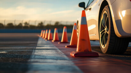 Driving course and training setup with safety cones on racetrack for vehicle maneuvering practice on sunny day