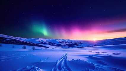 Colorful Aurora Borealis Over a Frozen Snowy Mountain Landscape.