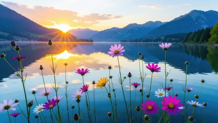 Colorful Wildflowers Blooming by a Tranquil Mountain Lake at Sunrise.