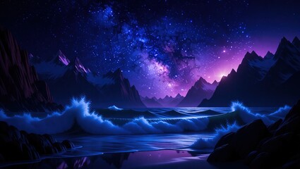 Cosmic Ocean Waves Crashing Against Mountainous Shores.