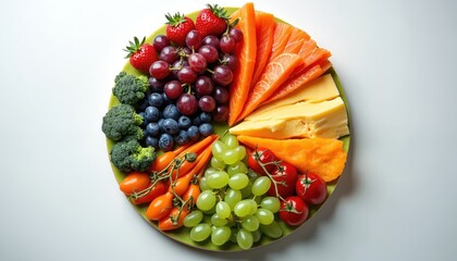 Food arranged in circle on green plate. Fruits, vegetables, cheese. Various healthy food on white background. Top view. Assorted food portions. Balanced diet concept. Nutrition, wellness