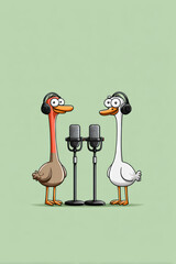 Humorous animal podcast scene with two cartoon birds wearing headphones and speaking into microphones on soft green background, minimalist vertical view of funny ducks