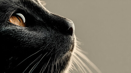 Black Cat Profile: Close-up shows a black cat with amber eyes in profile view. Useful for web, design, marketing.
