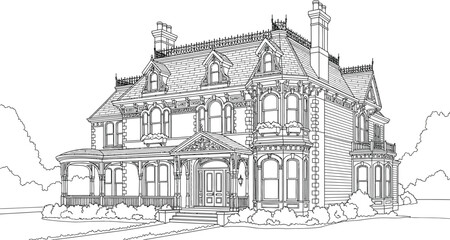 Obraz premium Victorian House Line Art, Architecture, Coloring Book