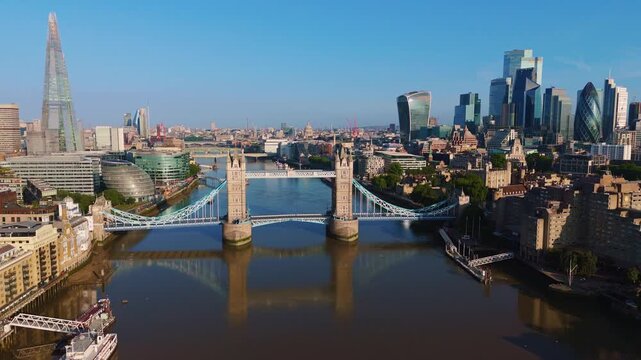 London Skyline Aerial Cityscape Flythrough Over River Thames Towards Tower Bridge