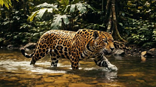Jaguar walks through shallow jungle river water