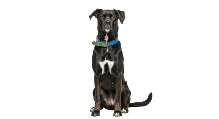 Isolated seated black Great Dane mix dog in studio, wearing a collar, no people, canine portrait