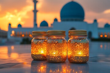 Ramadan lantern with mosque in the background