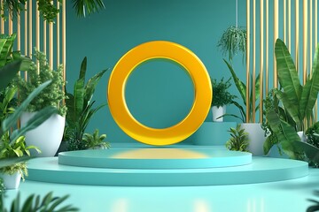 Green podium with plants and golden ring decoration
