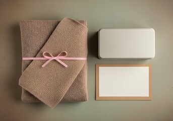 Elegant flat lay composition of a warm textile gift, tied with a pink bow, alongside a blank greeting card and a metal case for a personal message