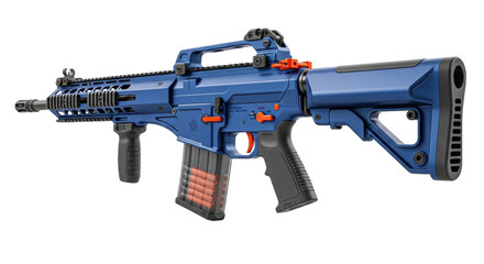 Isolated blue custom AR-15 style rifle is ready for action and shooting range practice