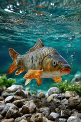 Vertical underwater view of colorful carp, one fish swimming in blue clear water with rocks in river or lake, for wildlife themes