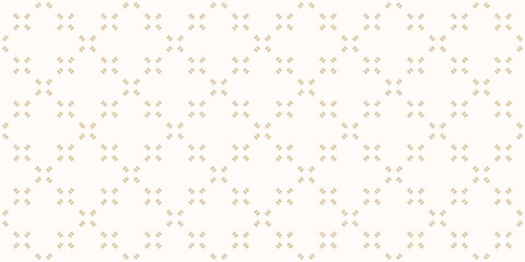 Subtle minimalist seamless pattern with tiny dash lines, small crosses, flower silhouettes grid. Abstract gold and white vector geometric texture. Luxury minimal background. Repeated golden design