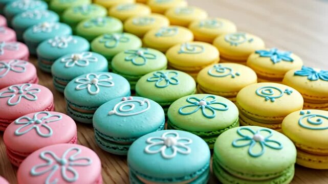 Colorful Macarons Arranged in Rows, Decorated with Flowers and Swirls, Sweet Treats
