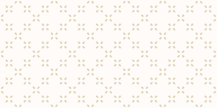 Fototapeta Subtle minimalist seamless pattern with tiny dash lines, small crosses, flower silhouettes grid. Abstract gold and white vector geometric texture. Luxury minimal background. Repeated golden design