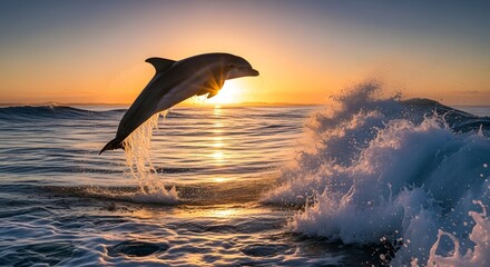 Dolphin ocean sea sunrise water wave marine animal wildlife nature travel aquatic mammal jumping splash