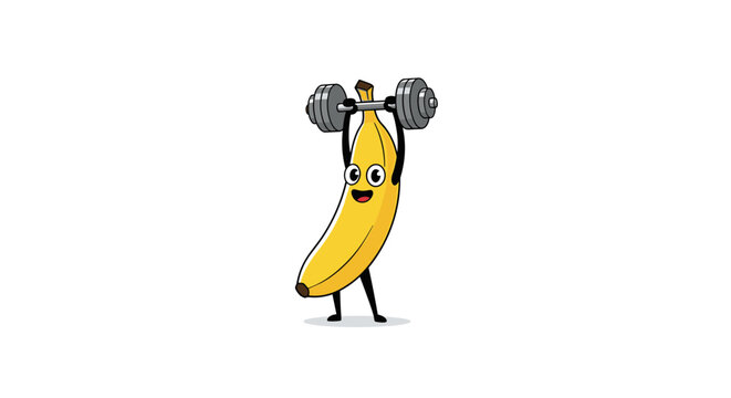 A cartoon banana character lifting weights with a happy expression.