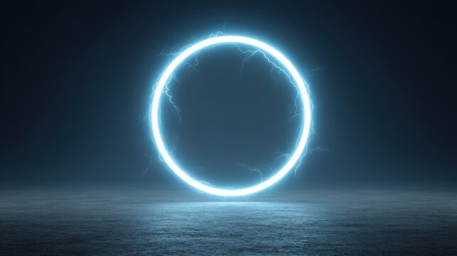Futuristic glowing circular shape with electric lightning arcs in dark space creating a mystical atmosphere for digital art or design projects