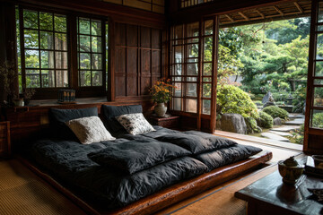 Traditional japanese bedroom with futon overlooking zen garden in serene daylight