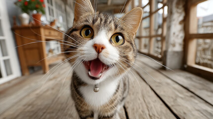 Adorable tabby cat with bell collar on wooden porch looking surprised, funny pet meowing