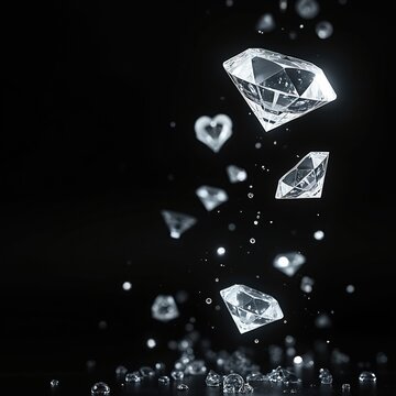 Sparkling diamonds fall on black backdrop. Gems with brilliant facets shine. Jewellery beauty concept. Precious stones represent luxury and wealth in the photo.