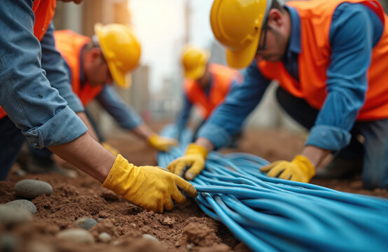 Telecommunication engineers in hard hats install blue fiber optic cables in ground trench. Team of workers lays underground wires for high speed internet connection. Men building city broadband