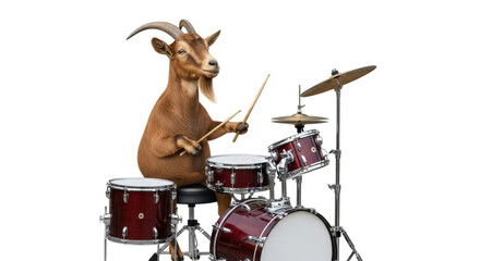 Isolated goat musician plays the drums, humorous animal band illustration, funny music gig
