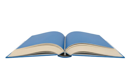 Isolated open book with blue cover and blank pages for notes, journal, study or education