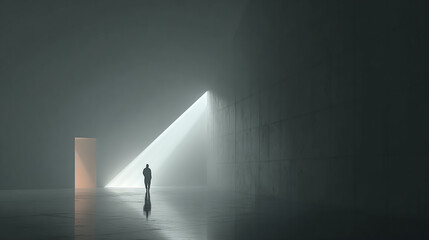 Person walks towards bright light in a dark, modern space. Concept of hope, future, and opportunity. For marketing, web, and design.