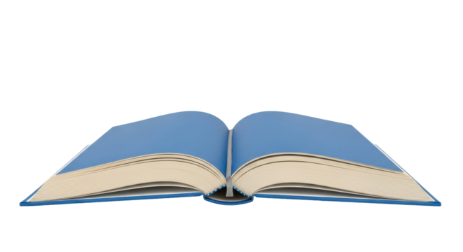 Isolated open book with blue cover and blank pages for notes, journal, study or education