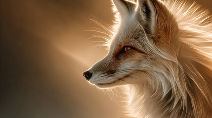 Fox portrait shines with golden light. Close-up of animal head, profile view. Fantasy illustration style, for web use, nature promotion, design templates.